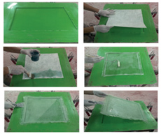 Şekil 4. Cam elyafın polyester ile ıslatılması ve kalıp yüzeyine yatırılması ve çıkarılması